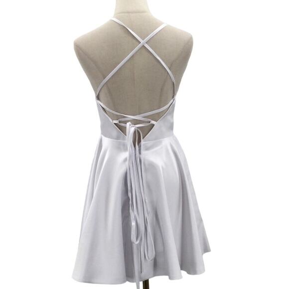 PARTY DRESS 2 XS white satin backless lace up bride bachelorette mini NEW B151 - Picture 2 of 8